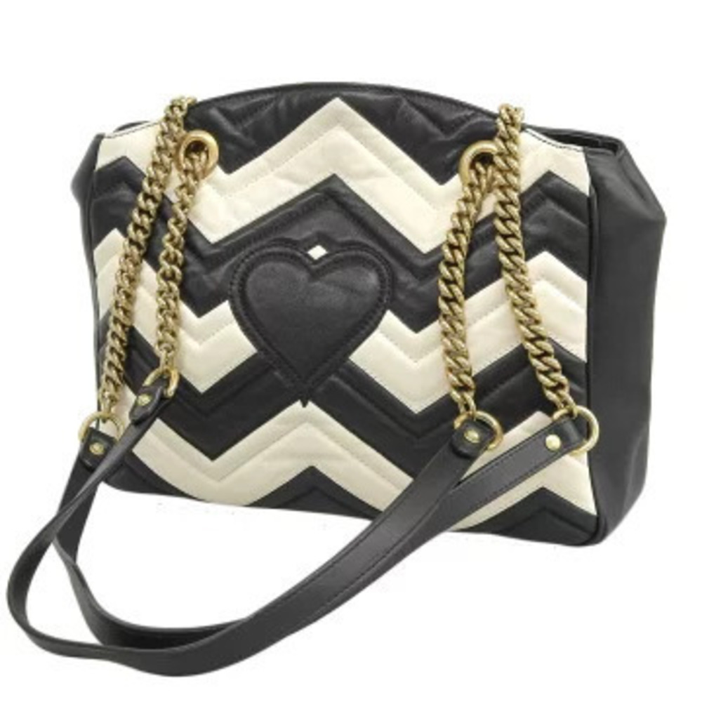 Gucci Leather GG Heart Stripe Bag Chain Marmont Pattern Black White
